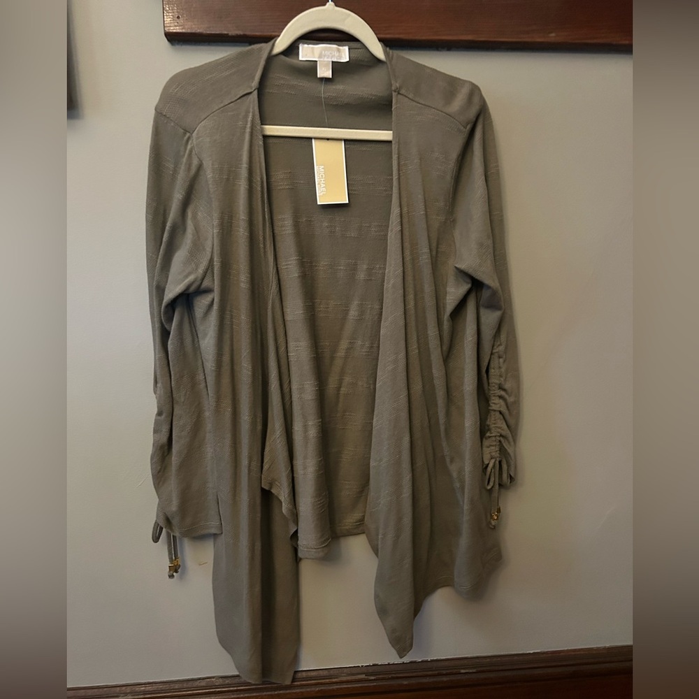 NWT Michael Kors Open Draped Front Cardigan Knit Cotton Safari Green XL